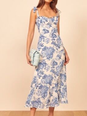 Reformation Nikita Blue Toile Floral Tie-Shoulder Maxi Dress